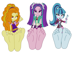 Size: 5800x4500 | Tagged: safe, artist:imperfectxiii, edit, imported from derpibooru, adagio dazzle, aria blaze, sonata dusk, human, equestria girls, rainbow rocks, barefoot, base used, clothes, evil grin, feet, female, fetish, flirting, foot fetish, foot focus, gem, grin, headband, looking at you, sexy, simple background, siren gem, smiling, smirk, soles, solo, spikes, toes, transparent background, vector