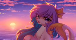 Size: 2048x1080 | Tagged: safe, artist:airiniblock, imported from derpibooru, oc, oc only, oc:sakari, merpony, pony, ear fins, eye clipping through hair, female, fish tail, looking at you, mare, ocean, open mouth, solo, sun, sunset, tail, water