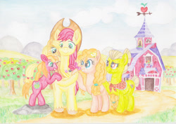 Size: 3440x2432 | Tagged: safe, alternate version, artist:malte279, imported from derpibooru, apple bloom, applejack, big macintosh, bright mac, granny smith, pear butter, earth pony, pony, apple family, aquarelle, baby, baby apple bloom, barn, brother and sister, clothes, colt, colt big macintosh, family, female, filly, filly applejack, foal, grandmother and grandchild, grandmother and granddaughter, grandmother and grandson, husband and wife, male, mare, mother and child, mother and daughter, mother and son, orchard, scarf, siblings, sisters, stallion, sweet apple acres, traditional art, watercolor painting, younger