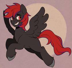 Size: 618x584 | Tagged: safe, artist:luv_shots, imported from derpibooru, oc, oc only, oc:shadow sky, pegasus, fanfic, flying, grin, pegasus oc, red and black oc, red eyes, smiling, solo, spread wings, unshorn fetlocks, wings