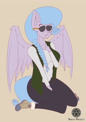 Size: 2896x4096 | Tagged: safe, artist:draconightmarenight, imported from derpibooru, oc, oc:sapphire crystal, anthro, anthro oc, colored sketch, monthly reward, outfit, sunglasses, wings