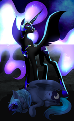 Size: 1729x2812 | Tagged: safe, artist:aztrial, imported from derpibooru, nightmare moon, princess luna, alicorn, pony, corrupted, duality, ethereal mane, ethereal tail, fangs, helmet, hoof shoes, horn, peytral, s1 luna, solo, spread wings, story included, tail, wings