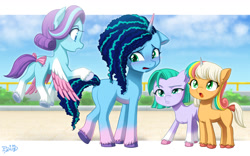 Size: 1414x885 | Tagged: safe, artist:uotapo, imported from derpibooru, earth pony, pegasus, pony, unicorn, blank flank, blushing, bow, butt, cute, embarrassed, female, filly, floppy ears, flying, foal, g5, glory (g5), glorydorable, looking at you, mare, missing cutie mark, misty brightdawn, mistybetes, mistybutt, open mouth, peach fizz, peachsweet, pippsqueak trio, pippsqueaks, plot, seashell (g5), shellabetes, tail, tail bow, unshorn fetlocks