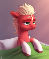 Size: 1000x1200 | Tagged: safe, artist:luminousdazzle, imported from derpibooru, sprout cloverleaf, earth pony, pony, bed mane, g5, green eyes, grumpy, male, messy mane, morning, pillow, sleepy, solo, sprout is not amused, stallion, stupid sexy sprout cloverleaf, unamused, unshorn fetlocks