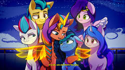 Size: 3840x2160 | Tagged: safe, artist:alexsc112, imported from derpibooru, hitch trailblazer, izzy moonbow, pipp petals, sunny starscout, zipp storm, alicorn, earth pony, pegasus, pony, unicorn, spoiler:g5, 4k, alternate ending, artificial horn, artificial wings, augmented, comforting, crying, female, g5, high res, horn, hug, magic, magic horn, magic wings, male, mane five (g5), mare, misty brightdawn, my little pony: make your mark, race swap, stallion, stars, sunnycorn, tears of joy, walter white, when you see it, wings