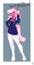 Size: 797x1500 | Tagged: safe, artist:furryfantan, imported from derpibooru, cheerilee, anthro, earth pony, unguligrade anthro, alternate hairstyle, breasts, clothes, dialogue, full body, green eyes, jacket, open mouth, open smile, pose, simple background, smiling, solo, stockings, suit, teacher, thigh highs, underwear, white underwear