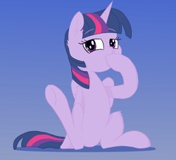 Size: 2200x2000 | Tagged: safe, artist:fakkajohan, imported from derpibooru, twilight sparkle, alicorn, pony, female, gradient background, hoof over mouth, simple background, sitting, solo, thinking, twilight sparkle (alicorn)