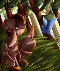 Size: 1576x1874 | Tagged: safe, artist:yuris, imported from derpibooru, oc, oc only, oc:autumn rosewood, bird, pegasus, pony, commission, cute, ear fluff, ears back, female, forest, grass, pegasus oc, rule 63, smiling, solo, spread wings, tree, wings, ych result