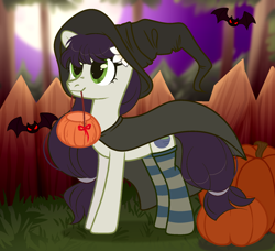 Size: 1800x1640 | Tagged: safe, artist:ayamiiii, imported from derpibooru, oc, oc only, oc:sawa (ice1517), bat, earth pony, pony, bucket, cape, clothes, commission, female, fence, grass, halloween, hat, holiday, jack-o-lantern, mare, mouth hold, pumpkin, socks, solo, stockings, striped socks, thigh highs, witch, witch costume, witch hat, ych result