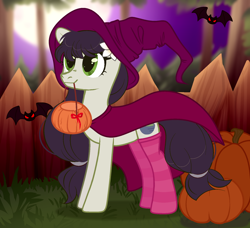 Size: 1800x1640 | Tagged: safe, alternate version, artist:ayamiiii, imported from derpibooru, oc, oc only, oc:sawa (ice1517), bat, earth pony, pony, bucket, cape, clothes, commission, female, fence, grass, halloween, hat, holiday, jack-o-lantern, mare, mouth hold, pumpkin, socks, solo, stockings, striped socks, thigh highs, witch, witch costume, witch hat, ych result