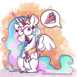 Size: 1272x1280 | Tagged: safe, artist:tasiashoe, imported from derpibooru, princess celestia, alicorn, pony, abstract background, cake, cakelestia, chibi, cute, female, food, mare, multicolored tail, open mouth, open smile, pointy legs, sitting, smiling, solo, tail