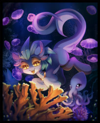 Size: 1280x1566 | Tagged: safe, artist:astralblues, imported from derpibooru, oc, oc only, hybrid, merpony, octopus, original species, pony, shark, shark pony, bubble, coral, digital art, eyeshadow, fangs, fish tail, gills, glowing, makeup, ocean, open mouth, smiling, solo, sparkles, swimming, tail, teeth, underwater, water, yellow eyes