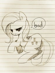 Size: 768x1024 | Tagged: safe, artist:maren, imported from derpibooru, fluttershy, pegasus, pony, 2013, butt, female, flutterbitch, lined paper, looking at you, lying down, mare, old art, plot, solo, speech bubble, traditional art