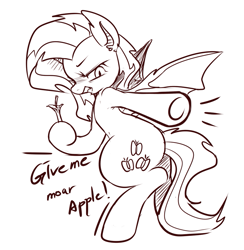 Size: 893x915 | Tagged: safe, artist:maren, imported from derpibooru, fluttershy, bat pony, pony, 2015, apple, bat ponified, butt, dialogue, doodle, female, flutterbat, food, gritted teeth, hoof hold, mare, old art, plot, pointing, race swap, solo, teeth, wings