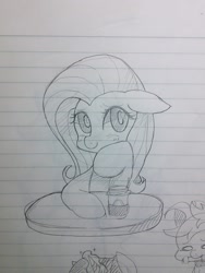 Size: 1080x1440 | Tagged: safe, artist:maren, imported from derpibooru, fluttershy, pony, 2015, blushing, bust, coffee cup, cup, doodle, female, floppy ears, hoof on chin, lined paper, mare, old art, sitting, smiling, solo, table, traditional art