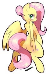 Size: 592x902 | Tagged: safe, artist:maren, imported from derpibooru, fluttershy, pegasus, pony, 2016, alternate hairstyle, bipedal, butt, doodle, female, flutterbutt, hair bun, looking back, mare, old art, plot, simple background, solo, spread wings, white background, wings