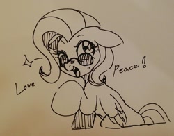 Size: 1270x998 | Tagged: safe, artist:maren, imported from derpibooru, fluttershy, pegasus, pony, 2017, dialogue, doodle, female, mare, old art, one eye closed, open mouth, raised hoof, sitting, solo, sparkles, sunglasses, traditional art, wink
