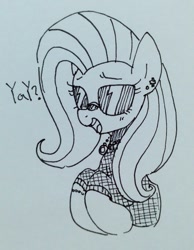 Size: 998x1284 | Tagged: safe, artist:maren, imported from derpibooru, fluttershy, pony, 2018, bust, clothes, doodle, ear piercing, female, jewelry, mare, old art, piercing, solo, sunglasses, traditional art, yay