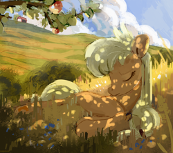 Size: 3600x3200 | Tagged: safe, artist:megalura, imported from derpibooru, applejack, earth pony, pony, apple, apple tree, dappled sunlight, eyes closed, female, grass, hatless, mare, missing accessory, scenery, sky, solo, tree