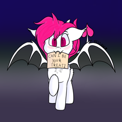 Size: 2000x2000 | Tagged: safe, artist:pillow, imported from derpibooru, oc, oc:suki, pony, succubus, chest fluff, cute, devil tail, ear fluff, fangs, halloween, holiday, mouth hold, raised tail, sign, solo, tail