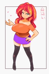 Size: 800x1200 | Tagged: safe, artist:sozglitch, imported from derpibooru, sunset shimmer, human, equestria girls, adorasexy, big breasts, blushing, boots, breasts, busty sunset shimmer, clothes, cute, female, hand on hip, heart, huge breasts, humanized, looking at you, sexy, shoes, simple background, skirt, smiling, smiling at you, solo, thigh boots, white background