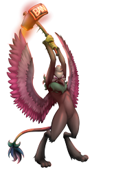 Size: 2481x3728 | Tagged: safe, artist:ravvij, imported from derpibooru, oc, oc only, oc:milkbirb, big cat, bird, eagle, griffon, lion, angry, banhammer, beak, birb, claws, commission, feather, fire, hammer, hot, male, meme, paws, simple background, smashing, solo, swing, swinging, tail, transparent background, wings