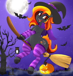 Size: 4800x5000 | Tagged: safe, artist:queenkittyok, imported from derpibooru, oc, oc only, oc:spirit harvest, bat, bird, hybrid, owl, pony, broom, cape, clothes, commission, female, flying, flying broomstick, halloween, hat, holiday, moon, night, pumpkin, smiling, socks, solo, stars, striped socks, tree, witch hat, ych result, your character here