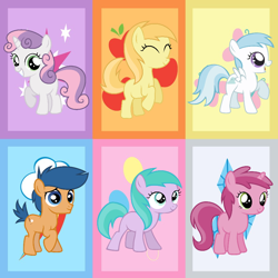 Size: 894x894 | Tagged: safe, artist:starsongmusicalgirlypony567, edit, imported from derpibooru, cotton cloudy, first base, noi, ruby pinch, sweetie belle, earth pony, pegasus, pony, unicorn, adorabase, alternate mane six, aura (g4), aurabetes, colt, cottonbetes, cute, cutie mark, cutie mark background, diasweetes, female, filly, foal, g4, male, noiabetes, pinchybetes, smiling