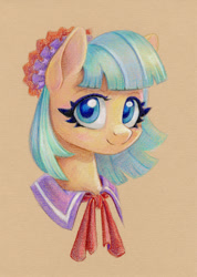 Size: 817x1150 | Tagged: safe, artist:maytee, imported from derpibooru, coco pommel, earth pony, pony, bust, colored pencil drawing, female, looking at you, mare, portrait, smiling, solo, traditional art