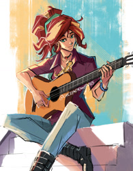 Size: 1280x1638 | Tagged: safe, artist:chickendrawsdogs, imported from derpibooru, ray, sunset shimmer, gecko, human, leopard gecko, equestria girls, boots, clothes, geode of empathy, guitar, hair tie, humanized, magical geodes, musical instrument, shoes