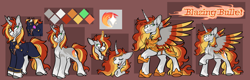 Size: 3388x1078 | Tagged: safe, artist:rockin_candies, imported from derpibooru, oc, oc only, oc:blazing bullet, alicorn, pony, unicorn, belt buckle, clothes, craft, engraving, glow, glowing horn, grin, horn, princess celestia's cutie mark, reference, reference sheet, smiling, solo, twilight sparkle's cutie mark, uniform