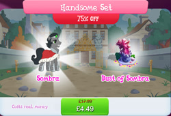 Size: 1267x862 | Tagged: safe, idw, imported from derpibooru, king sombra, pony, unicorn, black mane, black tail, bundle, bush, bust, cape, clothes, costs real money, crystal, english, gameloft, gate, gray coat, grey fur, horn, idw showified, male, metal, numbers, official, reformed sombra, royal cape, sale, smiling, solo, solo focus, stallion, tail, text