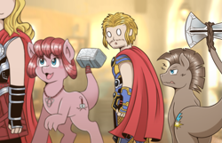 Size: 1555x1000 | Tagged: safe, artist:vavacung, imported from derpibooru, stormbreaker, dracony, dragon, hybrid, pony, axe, distracted boyfriend meme, female, hammer, male, meme, mighty thor, mjölnir, parody, ponified, thor, war hammer, weapon