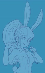 Size: 3360x5466 | Tagged: safe, artist:maren, imported from derpibooru, sonata dusk, equestria girls, bare shoulders, bunny ears, bunny suit, clothes, fangs, female, gesture, high res, implied small penis, monochrome, playboy bunny, sleeveless, solo, strapless