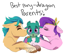 Size: 1280x1069 | Tagged: safe, artist:primrosepaper, imported from derpibooru, hitch trailblazer, pipp petals, dragon, earth pony, pegasus, pony, baby, baby dragon, blushing, cute, eyes closed, female, floppy ears, g5, hitchpipp, kiss on the cheek, kiss sandwich, kissing, male, mare, shipping, simple background, sparky sparkeroni, stallion, straight, white background