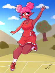 Size: 774x1032 | Tagged: safe, artist:mylittleyuri, imported from derpibooru, pinkie pie, human, alternate hairstyle, apple, apple tree, armpits, buckball uniform, clothes, converse, dark skin, elf ears, female, food, humanized, open mouth, pinktails pie, shoes, shorts, socks, solo, tanktop, tree