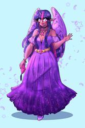 Size: 1800x2700 | Tagged: safe, artist:mylittleyuri, imported from derpibooru, twilight sparkle, human, alicorn humanization, belt, blue background, blushing, bracelet, choker, clothes, dark skin, dress, elf ears, fangs, female, high heels, horn, horned humanization, humanized, jewelry, lipstick, makeup, necklace, purse, shoes, simple background, solo, waving, winged humanization, wings