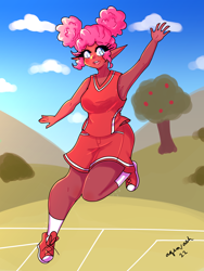 Size: 1800x2400 | Tagged: safe, artist:mylittleyuri, imported from derpibooru, pinkie pie, human, alternate hairstyle, apple, apple tree, armpits, buckball uniform, clothes, converse, dark skin, elf ears, female, food, humanized, open mouth, pinktails pie, shoes, shorts, socks, solo, tanktop, tree