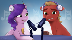 Size: 3245x1831 | Tagged: safe, artist:daisy_marshmallow, imported from derpibooru, pipp petals, sprout cloverleaf, earth pony, pegasus, duo, g5, grin, headphones, looking at you, microphone, my little pony: a new generation, nervous, nervous grin, smiling