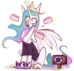 Size: 3508x3328 | Tagged: safe, artist:drakekok, imported from derpibooru, princess celestia, princess luna, twilight sparkle, alicorn, pony, cake, cake slice, clothes, crown, female, food, hoof shoes, jewelry, meme, mug, regalia, sign, simple background, slippers, solo, spread wings, stare, that pony sure does love cakes, white background, wings