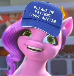 Size: 738x753 | Tagged: safe, edit, edited screencap, imported from derpibooru, screencap, pipp petals, pegasus, pony, spoiler:my little pony: make your mark chapter 2, ali-conned, autism, cropped, faic, female, g5, hat, mare, meme, my little pony: make your mark, my little pony: make your mark chapter 2, open mouth, please be patient i have autism, solo