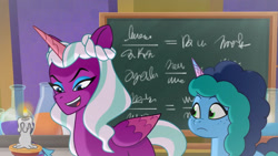 Size: 2220x1248 | Tagged: safe, imported from derpibooru, screencap, alicorn, pony, unicorn, spoiler:g5, spoiler:my little pony: tell your tale, spoiler:tyts01e29, chalkboard, dragon dad, duo, duo female, female, g5, mare, misty (g5), my little pony: tell your tale, opaline, open mouth, open smile, smiling, youtube link