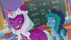 Size: 2220x1248 | Tagged: safe, imported from derpibooru, screencap, alicorn, pony, unicorn, spoiler:g5, spoiler:my little pony: tell your tale, spoiler:tyts01e29, chalkboard, dragon dad, duo, duo female, female, g5, grin, mare, misty (g5), my little pony: tell your tale, nervous, nervous grin, opaline, open mouth, open smile, smiling, youtube link