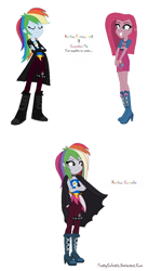 Size: 672x1226 | Tagged: safe, artist:prettycelestia, imported from twibooru, pinkie pie, rainbow dash, oc, oc:rainbow cupcake, boots, cape, clothes, dagger, high heel boots, image, pinkamena diane pie, png, rainbow factory dash, shoes, weapon, wet hair