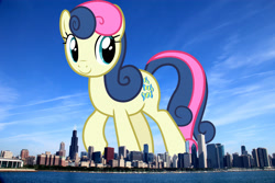 Size: 2048x1365 | Tagged: safe, artist:frownfactory, artist:jaredking779, imported from derpibooru, bon bon, sweetie drops, earth pony, pony, background pony, chicago, female, giant bon bon (sweetie drops), giant pony, giant/macro earth pony, giantess, highrise ponies, illinois, irl, looking at you, macro, mare, mega bon bon, mega giant, photo, ponies in real life, smiling, solo