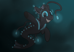 Size: 7016x4961 | Tagged: safe, artist:sprontr, imported from derpibooru, oc, oc only, oc:color splash (seapony), hybrid, merpony, seapony (g4), angler seapony, bioluminescent, bubble, collar, crepuscular rays, digital art, dorsal fin, eyelashes, female, fish tail, glowing, lake, looking at you, mare, ocean, sharp teeth, smiling, smiling at you, solo, swimming, tail, teeth, underwater, water, waving