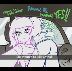 Size: 922x907 | Tagged: safe, artist:earth_pony_colds, imported from derpibooru, oc, oc only, oc:cherry bloom, oc:frosty, oc:pamboli, human, equestria girls, ass, butt, car interior, he wants to order, meme, selfie, sketch