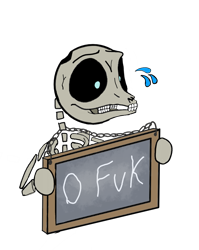 Size: 1155x1450 | Tagged: safe, artist:sprontr, imported from derpibooru, oc, oc only, oc:bones, skeleton pony, undead, bone, chalkboard, simple background, skeleton, solo, sweat, sweatdrop, transparent background, vulgar