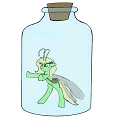 Size: 1004x1073 | Tagged: safe, artist:sprontr, imported from derpibooru, oc, oc only, oc:edelweiss the seeker, breezie, bag, female, jar, messenger bag, pony in a bottle, simple background, solo, transparent background, trapped, upset