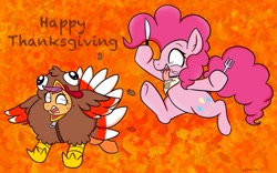 Size: 1003x626 | Tagged: safe, artist:therainbowtroll, imported from derpibooru, pinkie pie, scootaloo, earth pony, pegasus, pony, bib, bipedal, cute, cutealoo, diapinkes, fork, funny, holiday, hoof hold, hungry, implied ponies eating meat, knife, ponies wanting to eat meat, running, scootachicken, silly, thanksgiving, turkey costume, zipper